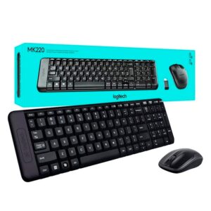 Kit de teclado y mouse inalámbrico Logitech MK220 Español Latinoamérica de color negro