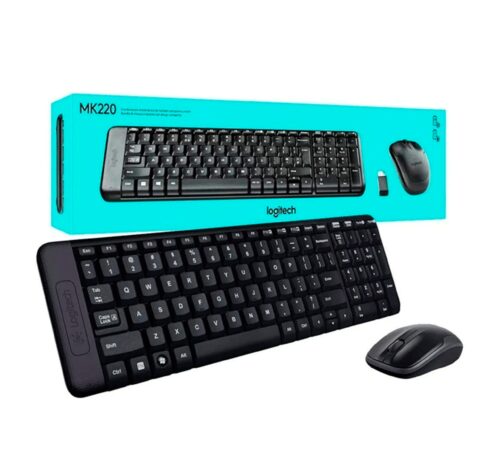 Kit de teclado y mouse inalámbrico Logitech MK220 Español Latinoamérica de color negro