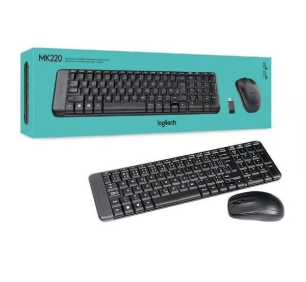 Kit de teclado y mouse inalámbrico Logitech MK220 Español Latinoamérica de color negro